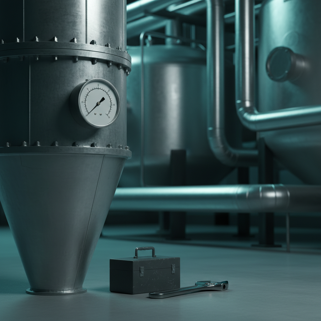 A technician checking a differential pressure gauge on an oil mist eliminator housing during a maintenance inspection.